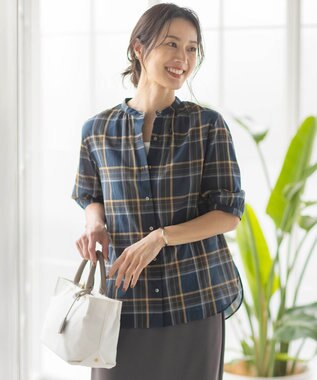  【洗える】シアーマドラス バンドカラー ブラウス