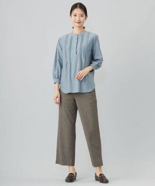 J.PRESS LADIES L ストライプジャージー ピンタック カットソー グレイッシュグリーン系