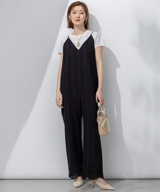 23区 【洗える】コットンエンブロイダリー オールインワン ブラック系