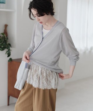Green Parks 配色ラインシアーコンパクトカーデ Light Gray