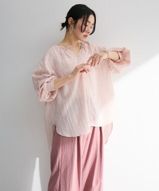 Green Parks ドロストネックシアーストライプチュニック Pink