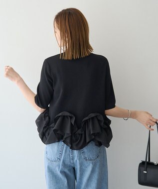 YECCA VECCA パール釦ラッフル5分袖カーディガン Black
