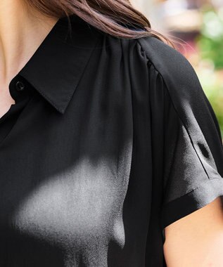 Tiaclasse L 【洗える】フレンチスリーブシャツチュニックブラウス ブラック