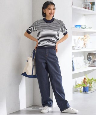 23区 L 【洗える】プレミアムビオコットン 半袖 ボーダー ニット オフホワイトxネイビーボーダー