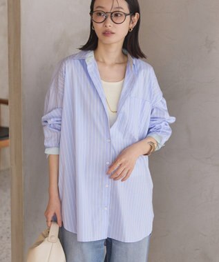 AMERICAN HOLIC イージーケア配色ポイントロングシャツ Stripe Sax