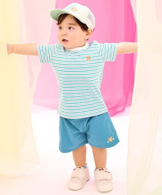 MIKI HOUSE HOT BISCUITS 【70-120cm】 みじんボーダー ワンポイント刺繍 半袖Tシャツ グリーン