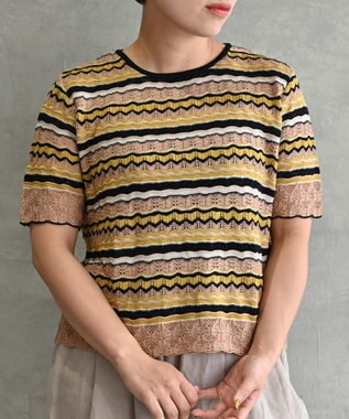 muuc 〈高品質シルク100%〉透かしレース編み シルクマルチボーダー半袖プルオーバー