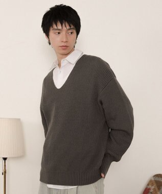 WEGO エルボーパッチVネックプルオーバー グレー