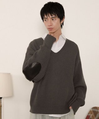 WEGO エルボーパッチVネックプルオーバー グレー
