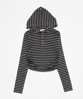 WEGO ヘンリーネックフードロンT グレーボーダー