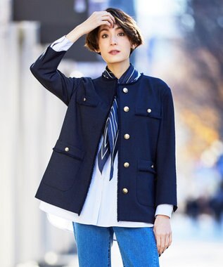 J.PRESS LADIES L ナチュラルツイードストレッチ ノーカラー ジャケット ネイビー系