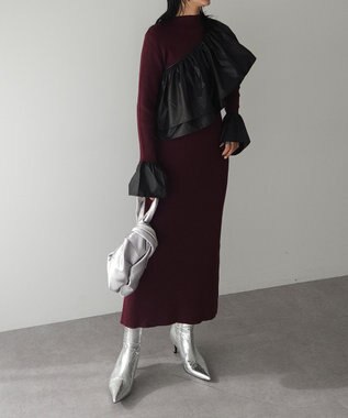 Green Parks フリルベルト付ニットワンピース Bordeaux