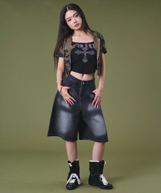 WEGO バックフラップポケットデニムハーフパンツ ブラック