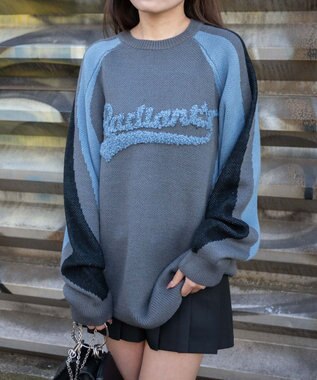 WEGO サガラロゴ配色BIGニットプルオーバー サックス