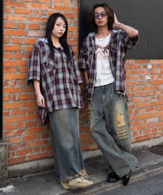 WEGO 【ユニセックス着用ITEM/MLサイズ展開】オンブレチェックフードシャツ（SS） レッドチェック1