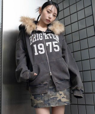 WEGO 裏起毛ファーフードBIGZIPパーカー ブラックその他