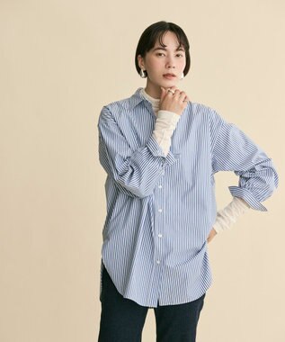 #Newans 【洗濯機可】ロールアップカフスシャツ ブルーストライプ