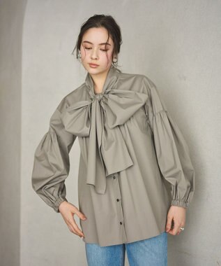 #Newans 【シワになりにくい/洗濯機可能/袖ゴム】ビッグリボンブラウス グレー