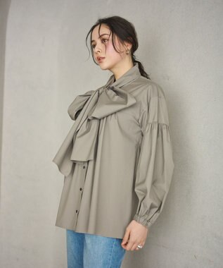 #Newans 【シワになりにくい/洗濯機可能/袖ゴム】ビッグリボンブラウス グレー