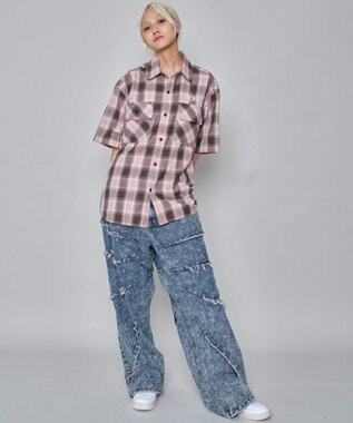 WEGO 【ユニセックス着用ITEM】グラフィックオンブレチェックシャツ（SS） ピンク