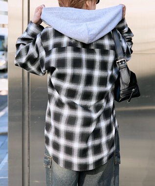 WEGO 裏毛フードチェックシャツ ブラック