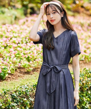 Tiaclasse L デニムフレアワンピース ネイビー