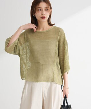 Green Parks 七分袖コットンメッシュラグラントップス Khaki