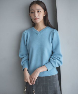 組曲 【8色展開・前後着用可】ウールカシミヤミックス パフスリーブ ニット パウダーブルー系