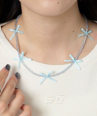 WEGO Lビーズサテンリボンネックレス サックス