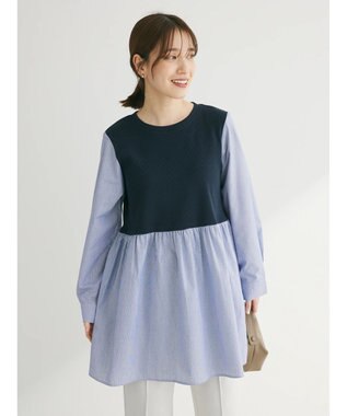 Green Parks リブドッキングカットソーボリュームチュニック Stripe