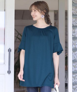 Tiaclasse 【洗える】フレアカフスポンチチュニックブラウス ターコイズ