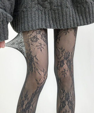 WEGO フラワー総レースタイツ ライトグレー