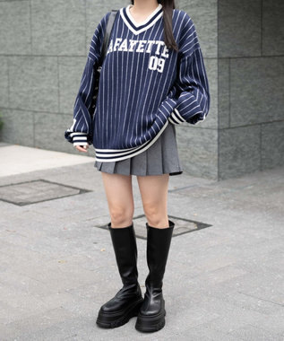 WEGO ベースボールグラフィックプルオーバーニット ネイビー