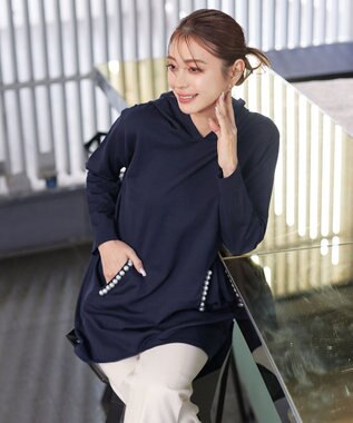 Tiaclasse 【洗える】パールポケット付きニットチュニックパーカー ネイビー