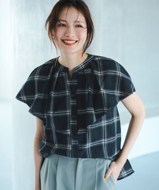 ANY SIS 【洗える】サッカーチェック ブラウス ネイビー