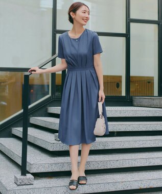 Tiaclasse 【おのののかさん着用】半袖&長袖選べる袖丈・タックフレアワンピース 半袖ブルー
