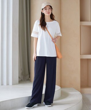 Tiaclasse L クリスタルプリーツパンツ ネイビー