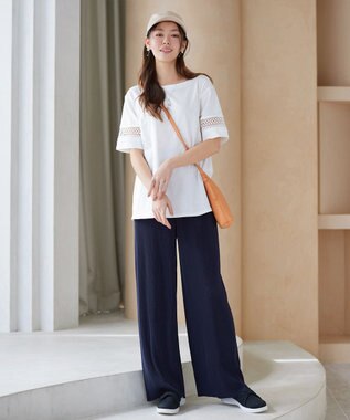 Tiaclasse L クリスタルプリーツパンツ ネイビー