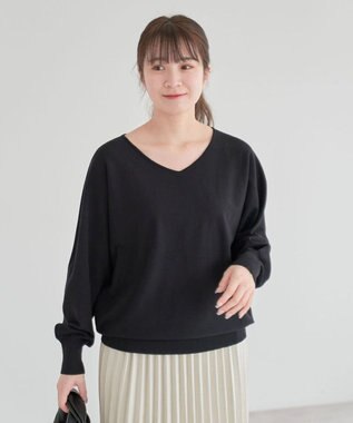 Green Parks 洗える　Ｖネックドルマンニットプルオーバー Black