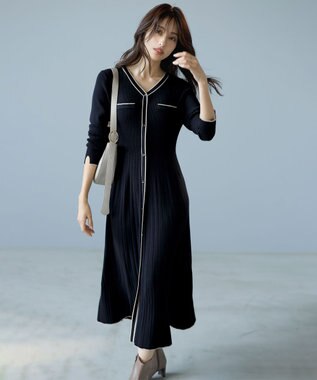 ANY SIS 【洗える】バイカラーデザインニット ワンピース ネイビー×ベージュ