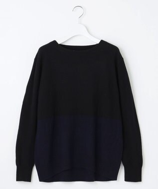 自由区 S 【洗える】セミウーステッドウールボートネック ニット ブラック×ダークネイビー