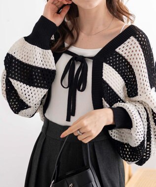 WEGO 【紫外線対策/手洗い可】メッシュリボンボレロ ブラックボーダー