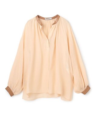 BEIGE， PAULINE / リネンヴィスコースフェイクレザー配色ブラウス Peach