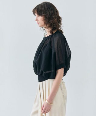 BEIGE， 【洗える・Oggi 7月号掲載】LUPINUS / リネン混半袖プルオーバーギャザーニット Black