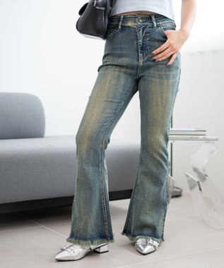 WEGO レースアップフリンジストレッチフレアデニムパンツ デニム中濃加工色