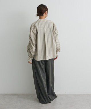 CRAFT STANDARD BOUTIQUE 袖シャーリングバンドカラーシャツ Stripe Beige