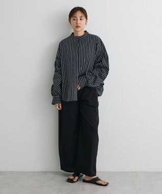 CRAFT STANDARD BOUTIQUE 袖シャーリングバンドカラーシャツ Stripe Navy