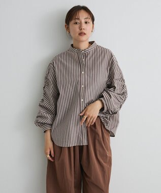 CRAFT STANDARD BOUTIQUE 袖シャーリングバンドカラーシャツ Stripe Brown