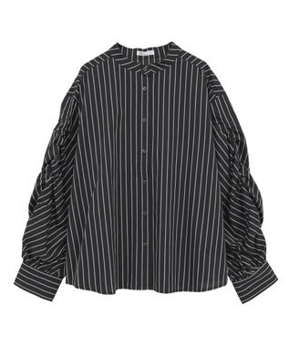CRAFT STANDARD BOUTIQUE 袖シャーリングバンドカラーシャツ Stripe Navy
