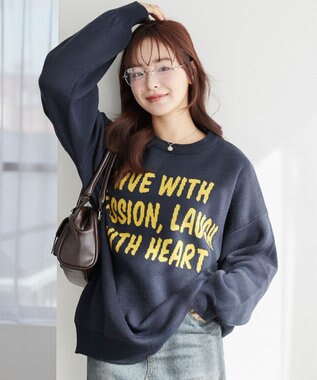 WEGO グラフィックBIGニットプルオーバー ネイビー